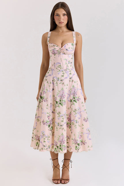 Front view of pink floral sweetheart midi dress with corset bodice and lace trim