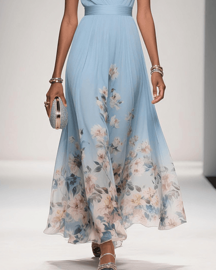 Women's Floral V-Neck A-Line Wedding Guest Maxi Dress