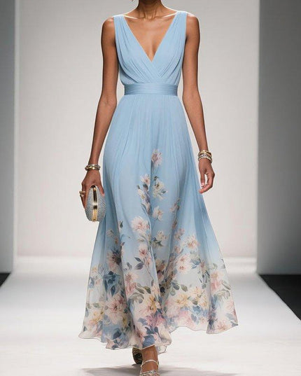 Women's Floral V-Neck A-Line Wedding Guest Maxi Dress