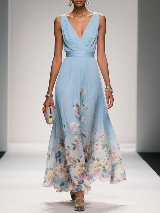Women's Floral V-Neck A-Line Wedding Guest Maxi Dress