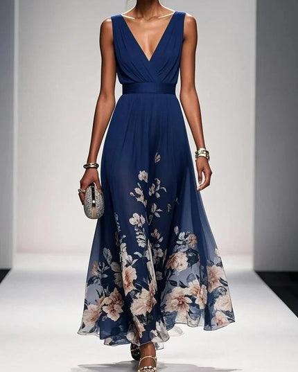 Women's Floral V-Neck A-Line Wedding Guest Maxi Dress