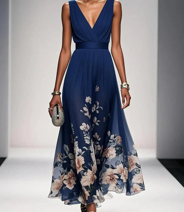 Women's Floral V-Neck A-Line Wedding Guest Maxi Dress