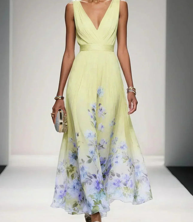 Women's Floral V-Neck A-Line Wedding Guest Maxi Dress
