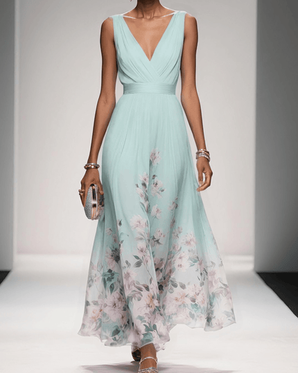 Women's Floral V-Neck A-Line Wedding Guest Maxi Dress