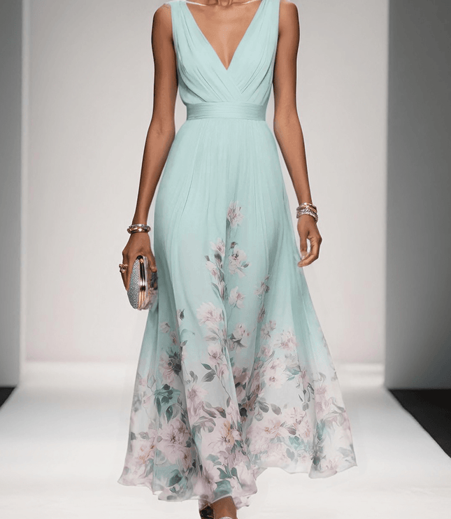 Women's Floral V-Neck A-Line Wedding Guest Maxi Dress