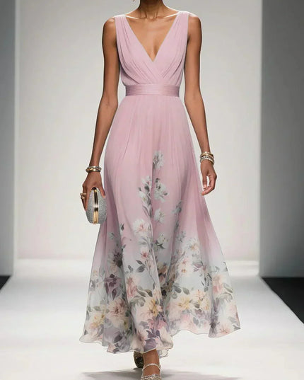 Women's Floral V-Neck A-Line Wedding Guest Maxi Dress