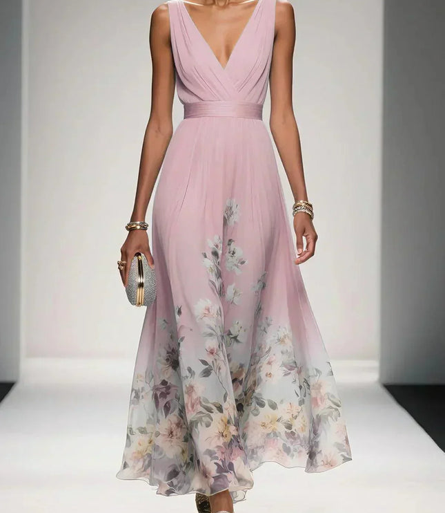 Women's Floral V-Neck A-Line Wedding Guest Maxi Dress