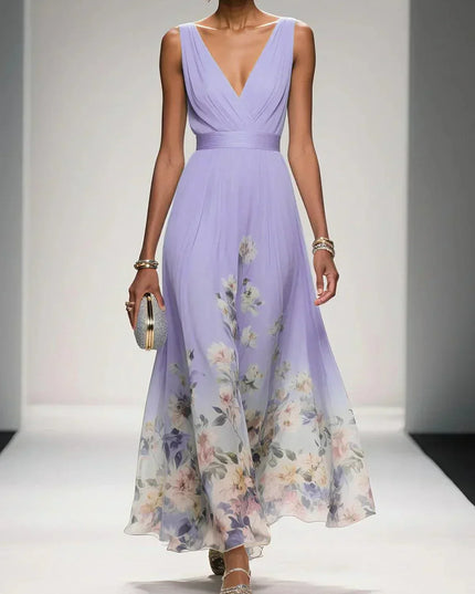 Women's Floral V-Neck A-Line Wedding Guest Maxi Dress