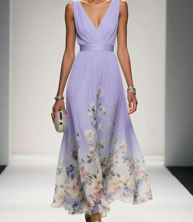 Women's Floral V-Neck A-Line Wedding Guest Maxi Dress