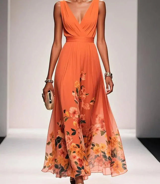 Women's Floral V-Neck A-Line Wedding Guest Maxi Dress