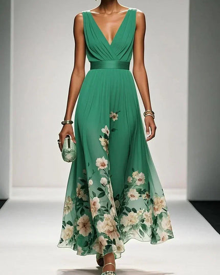 Women's Floral V-Neck A-Line Wedding Guest Maxi Dress