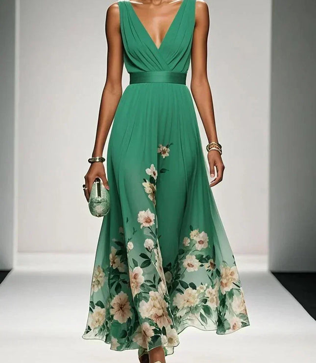 Women's Floral V-Neck A-Line Wedding Guest Maxi Dress