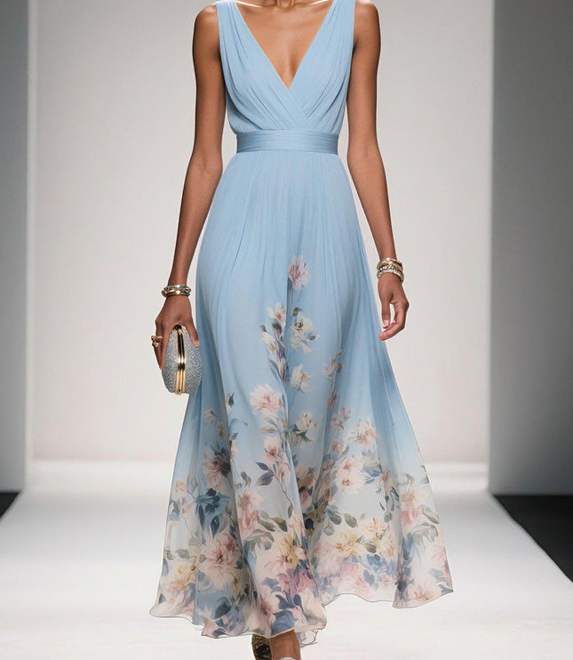 Women's Floral V-Neck A-Line Wedding Guest Maxi Dress