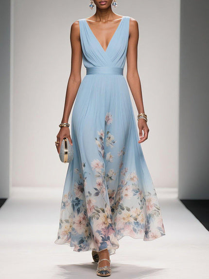 Women's Floral V-Neck A-Line Wedding Guest Maxi Dress
