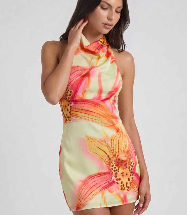 Women's Floral V-Neck Cocktail Party Mini Dress