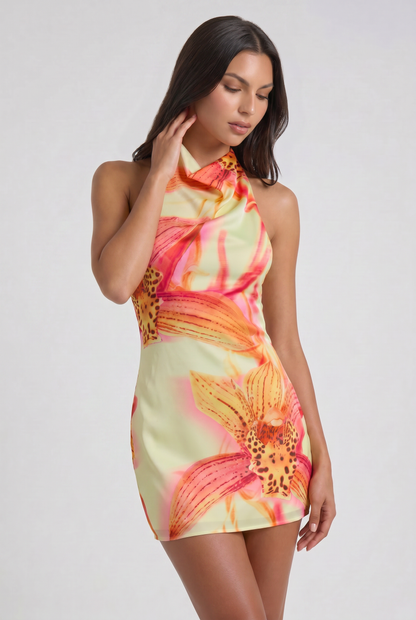 Women's Floral V-Neck Cocktail Party Mini Dress