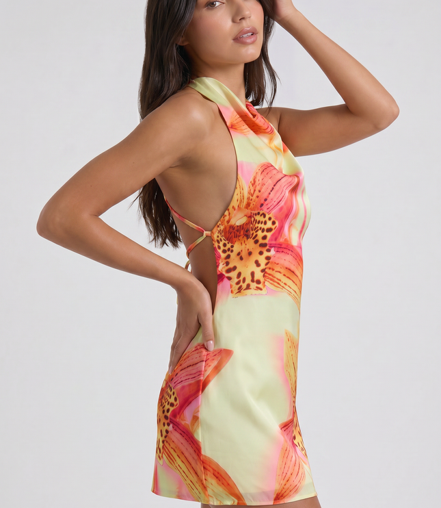 Women's Floral V-Neck Cocktail Party Mini Dress