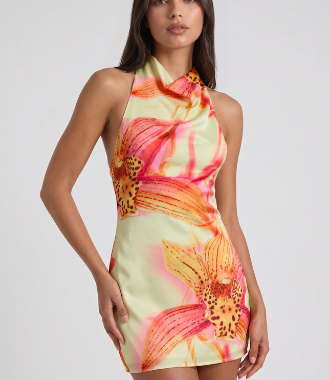 Women's Floral V-Neck Cocktail Party Mini Dress