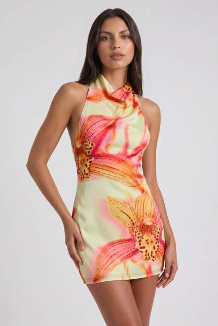 Women's Floral V-Neck Cocktail Party Mini Dress