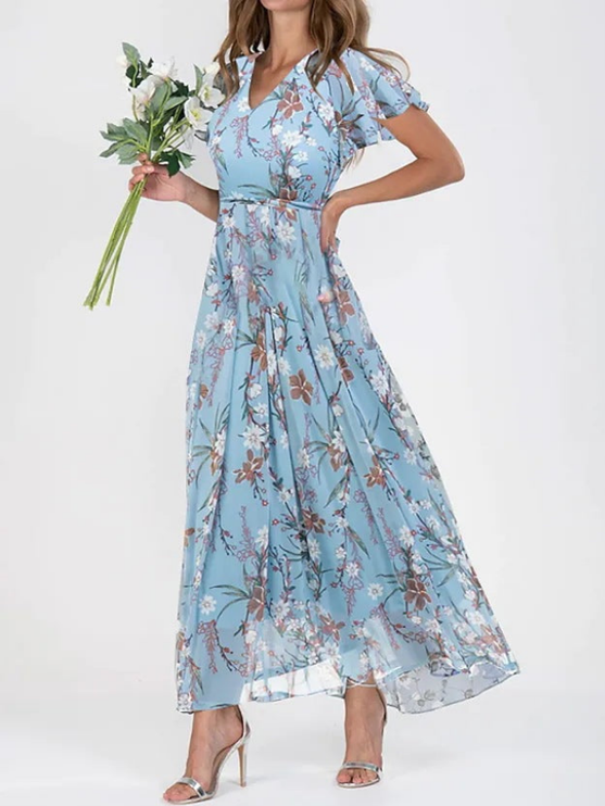 Women's Floral V-Neck Flutter Sleeve Maxi Sundress