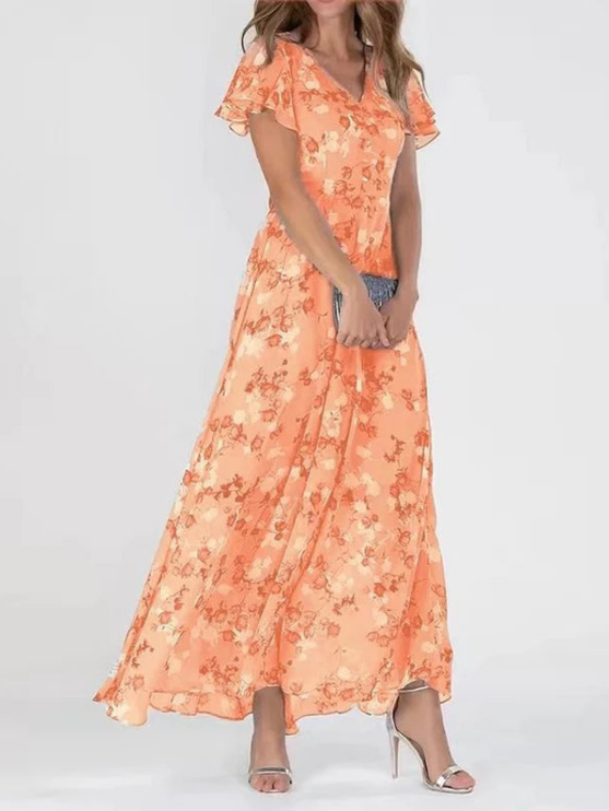 Women's Floral V-Neck Flutter Sleeve Maxi Sundress