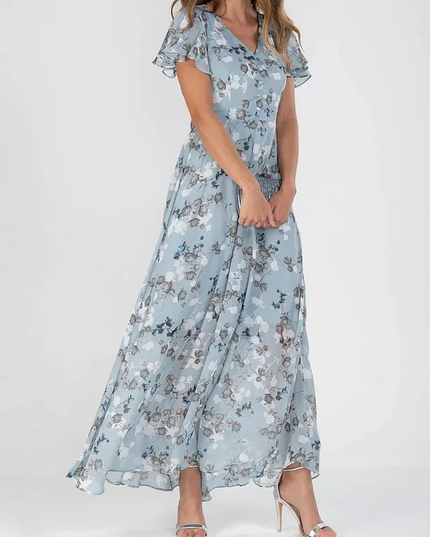 Women's Floral V-Neck Flutter Sleeve Maxi Sundress