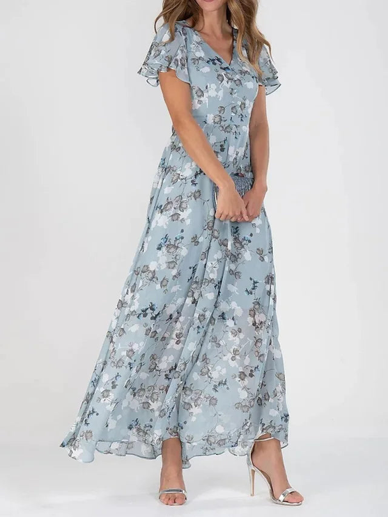 Women's Floral V-Neck Flutter Sleeve Maxi Sundress