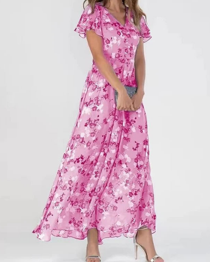 Women's Floral V-Neck Flutter Sleeve Maxi Sundress