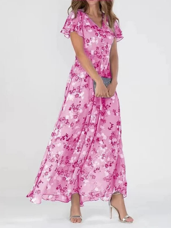 Women's Floral V-Neck Flutter Sleeve Maxi Sundress