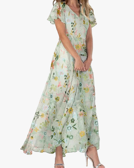 Women's Floral V-Neck Flutter Sleeve Maxi Sundress