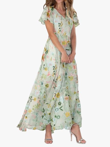 Women's Floral V-Neck Flutter Sleeve Maxi Sundress