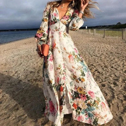 Women's floral V neck long sleeve maxi dress with flowing skirt and pastel print