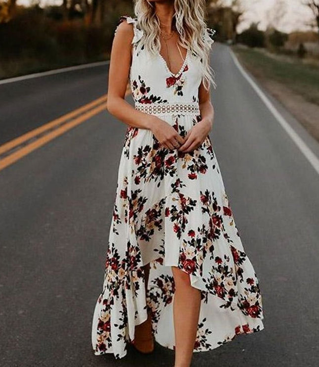 Women's Floral V Neck Ruffle Sleeve High Low Maxi Dress