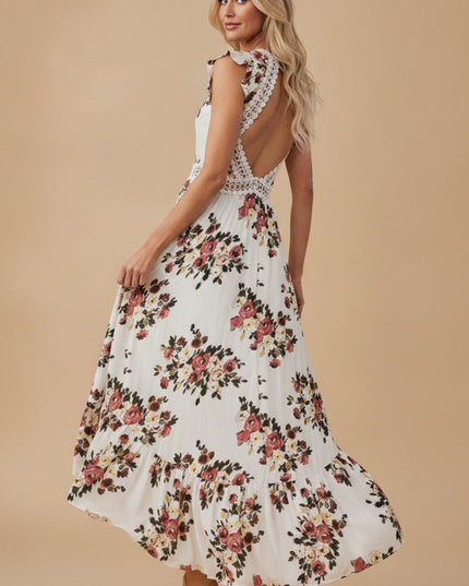 Women's Floral V Neck Ruffle Sleeve High Low Maxi Dress
