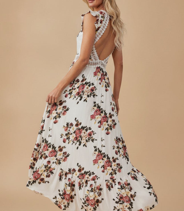 Women's Floral V Neck Ruffle Sleeve High Low Maxi Dress