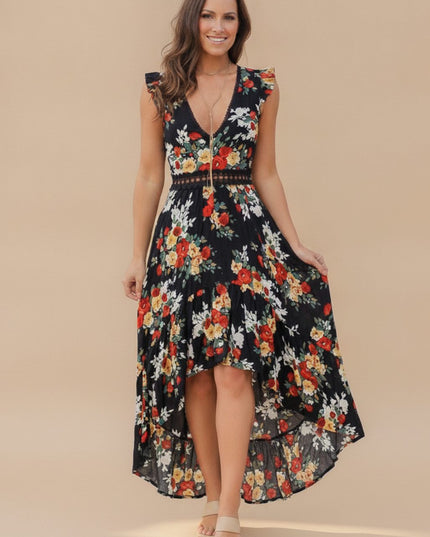 Women's Floral V Neck Ruffle Sleeve High Low Maxi Dress