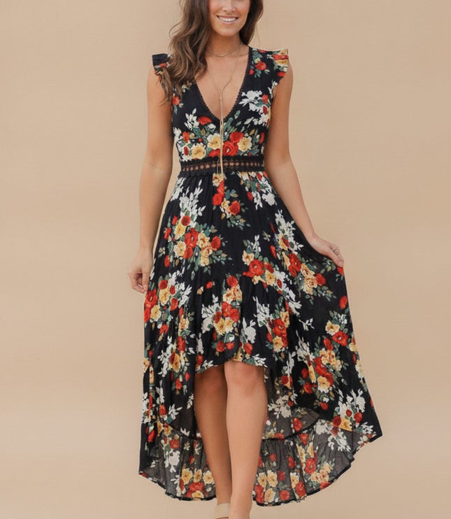 Women's Floral V Neck Ruffle Sleeve High Low Maxi Dress