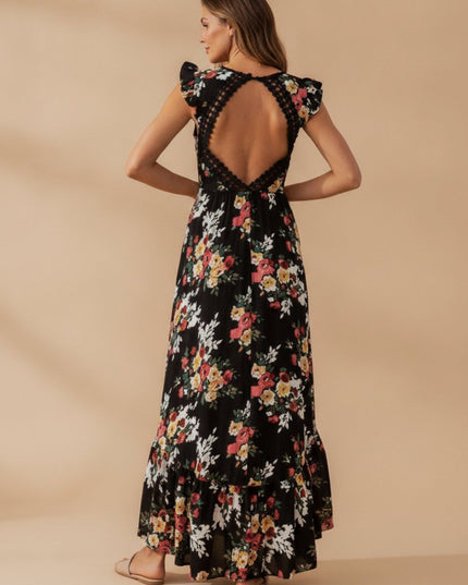 Women's Floral V Neck Ruffle Sleeve High Low Maxi Dress