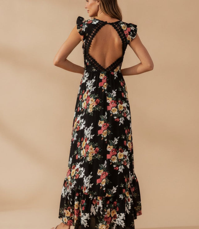 Women's Floral V Neck Ruffle Sleeve High Low Maxi Dress