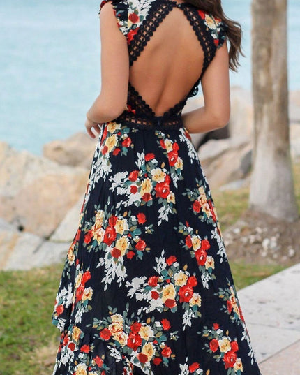 Women's Floral V Neck Ruffle Sleeve High Low Maxi Dress