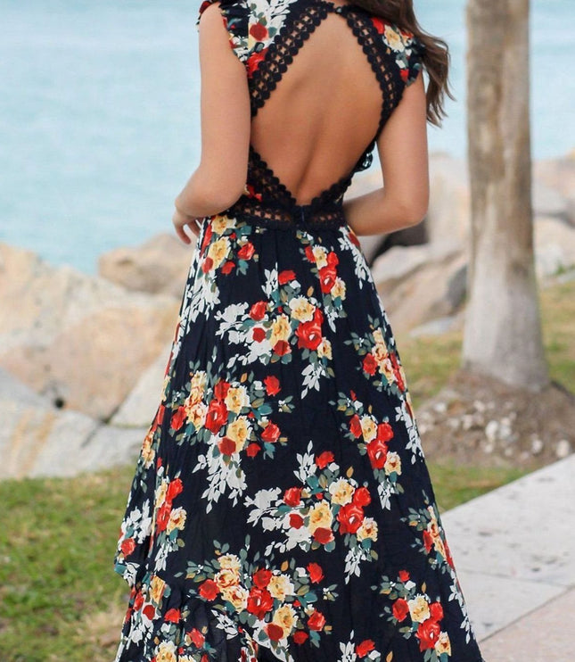 Women's Floral V Neck Ruffle Sleeve High Low Maxi Dress