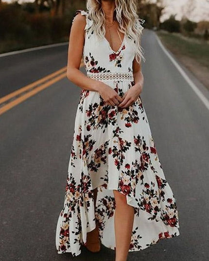 Women's Floral V Neck Ruffle Sleeve High Low Maxi Dress