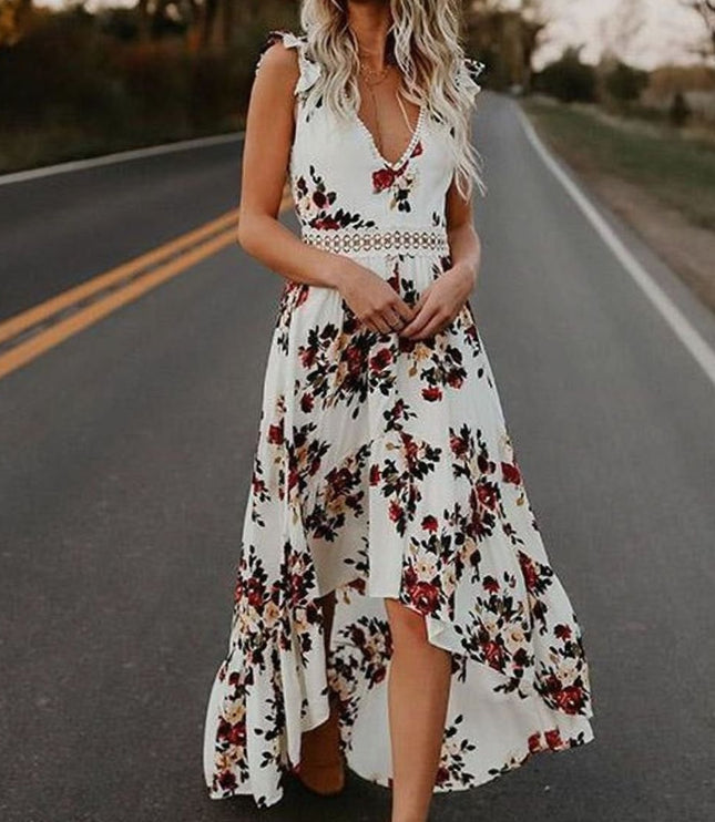 Women's Floral V Neck Ruffle Sleeve High Low Maxi Dress