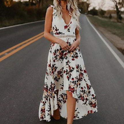 Women's Floral V Neck Ruffle Sleeve High Low Maxi Dress