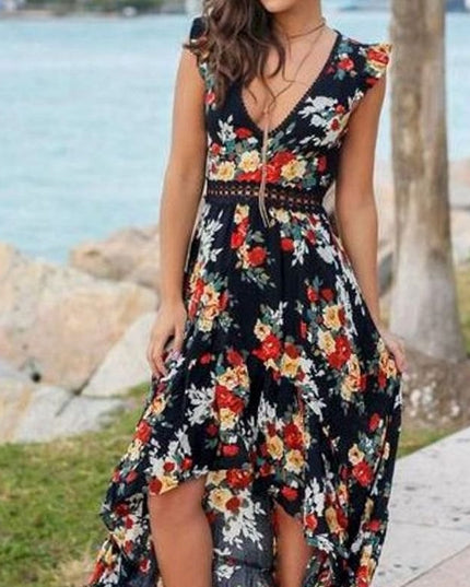 Women's Floral V Neck Ruffle Sleeve High Low Maxi Dress