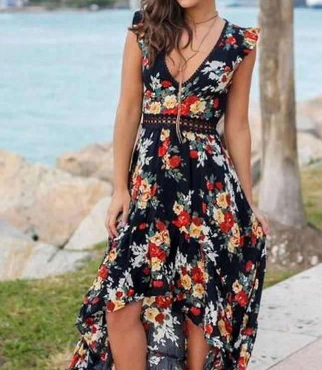 Women's Floral V Neck Ruffle Sleeve High Low Maxi Dress