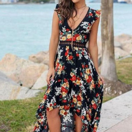 Women's Floral V Neck Ruffle Sleeve High Low Maxi Dress