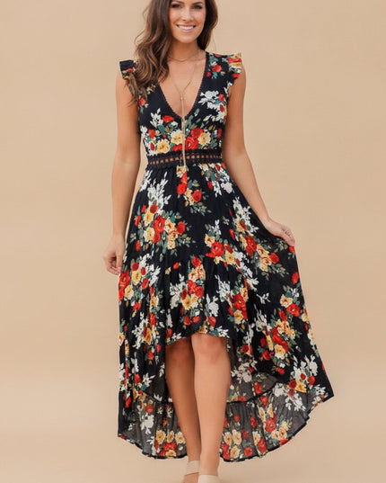 Women's Floral V Neck Ruffle Sleeve High Low Maxi Dress