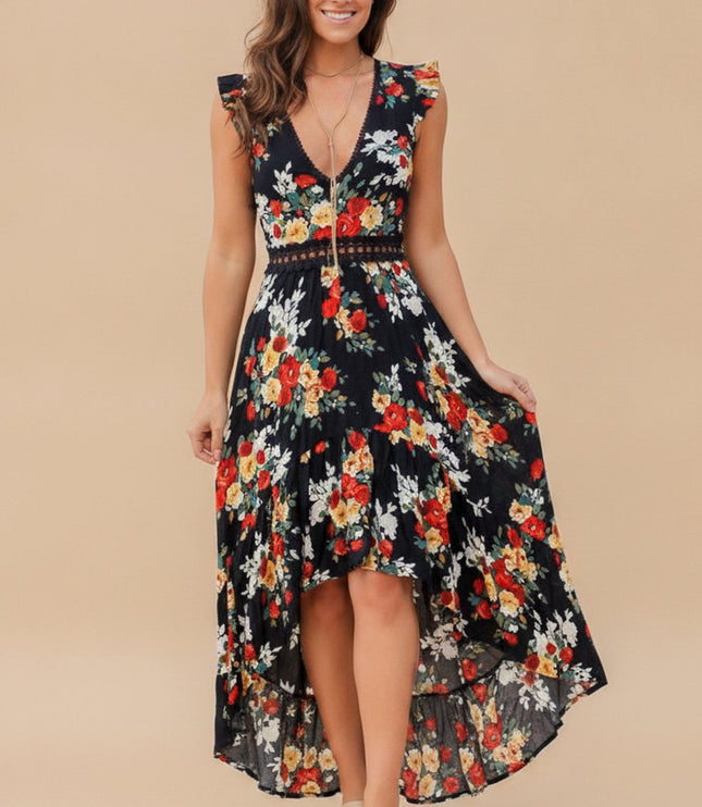 Women's Floral V Neck Ruffle Sleeve High Low Maxi Dress