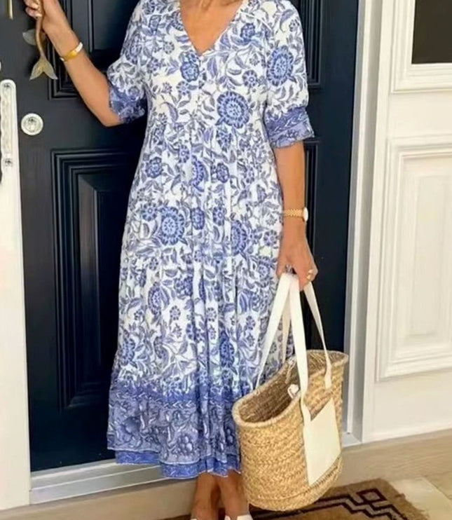 Women's Floral V-Neck Short Sleeve Maxi Summer Dress